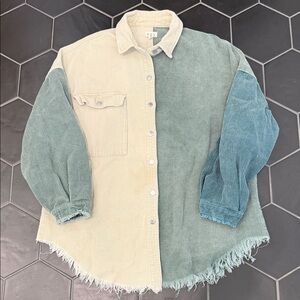 POL Two-Tone Corduroy Shacket in Cream and Green-Blue